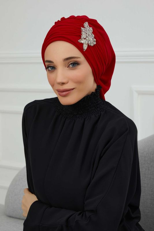 Pileli Taş Çiçek Aksesuarlı Şifon Hazır Türban,HT-105,HT-105 Kırmızı - 1