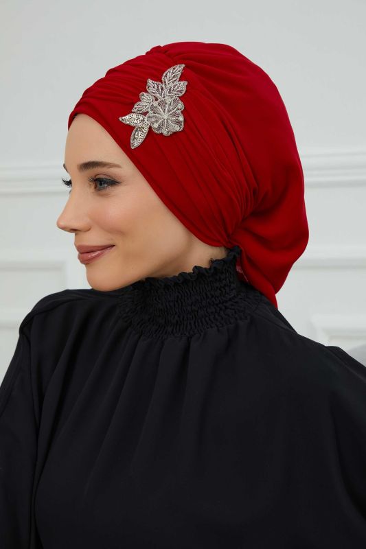 Pileli Taş Çiçek Aksesuarlı Şifon Hazır Türban,HT-105,HT-105 Kırmızı - 3
