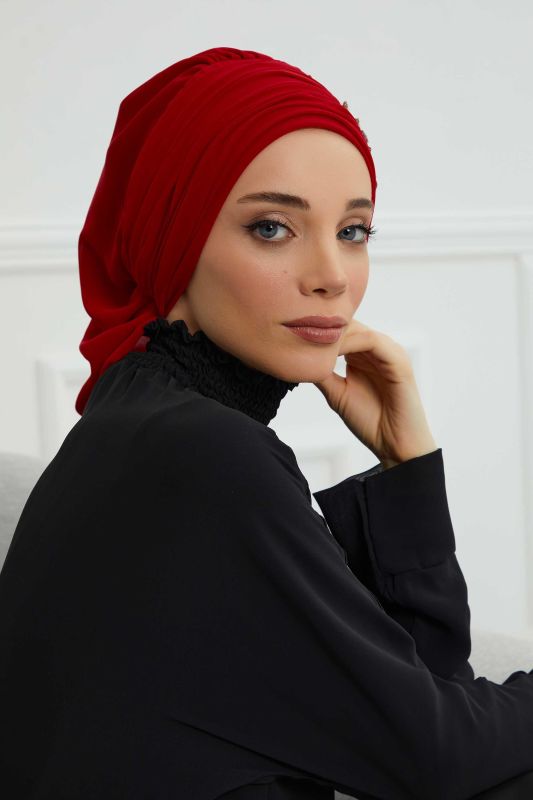 Pileli Taş Çiçek Aksesuarlı Şifon Hazır Türban,HT-105,HT-105 Kırmızı - 4
