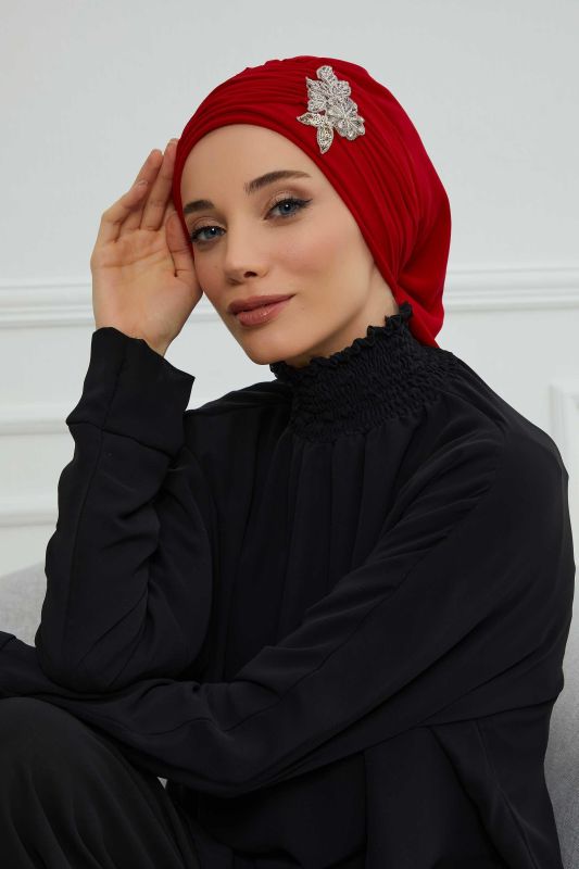Pileli Taş Çiçek Aksesuarlı Şifon Hazır Türban,HT-105,HT-105 Kırmızı - 6