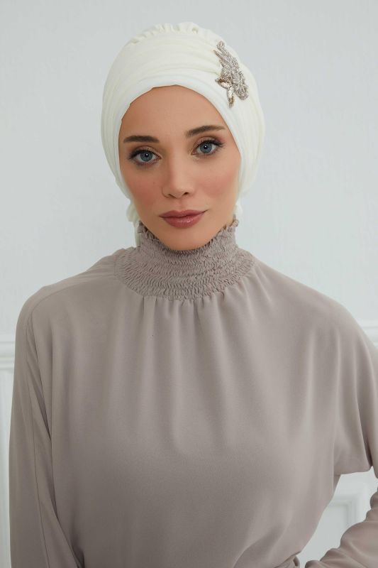 Pileli Taş Çiçek Aksesuarlı Şifon Hazır Türban,HT-105,HT-105 Krem - 2