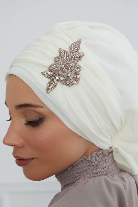 Pileli Taş Çiçek Aksesuarlı Şifon Hazır Türban,HT-105,HT-105 Krem - 5