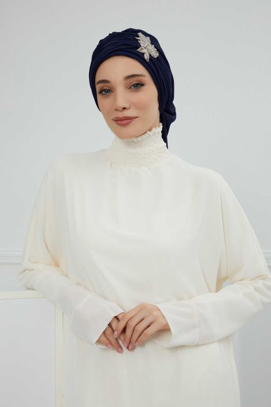 Pileli Taş Çiçek Aksesuarlı Şifon Hazır Türban,HT-105,HT-105 Lacivert - 1