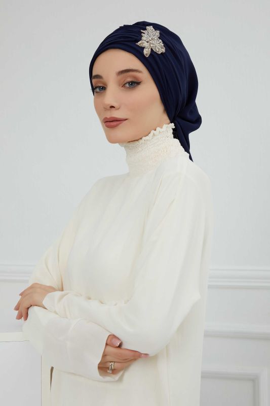 Pileli Taş Çiçek Aksesuarlı Şifon Hazır Türban,HT-105,HT-105 Lacivert - 2