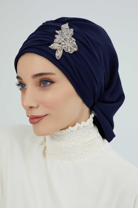 Pileli Taş Çiçek Aksesuarlı Şifon Hazır Türban,HT-105,HT-105 Lacivert - 3