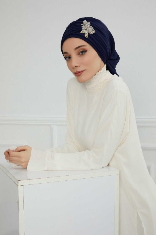 Pileli Taş Çiçek Aksesuarlı Şifon Hazır Türban,HT-105,HT-105 Lacivert - 4