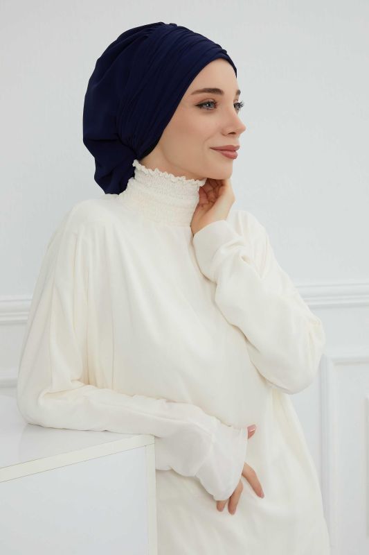 Pileli Taş Çiçek Aksesuarlı Şifon Hazır Türban,HT-105,HT-105 Lacivert - 5