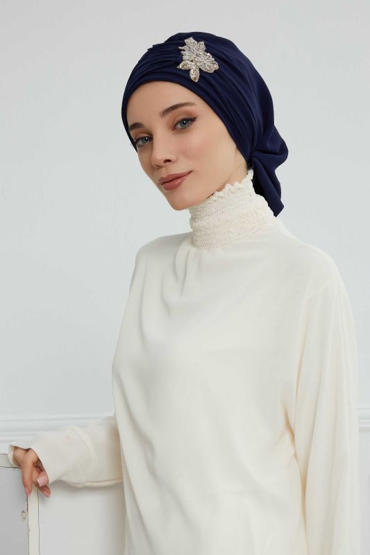 Pileli Taş Çiçek Aksesuarlı Şifon Hazır Türban,HT-105,HT-105 Lacivert - 7