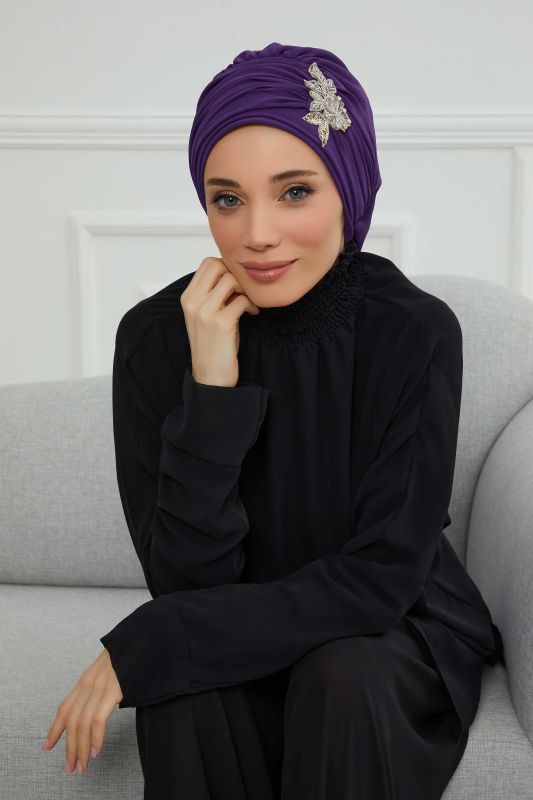 Pileli Taş Çiçek Aksesuarlı Şifon Hazır Türban,HT-105,HT-105 Mor - 1
