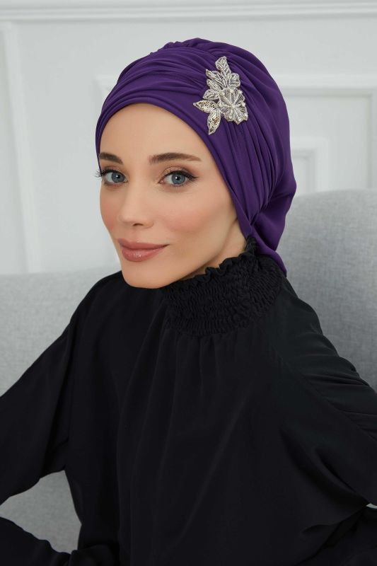 Pileli Taş Çiçek Aksesuarlı Şifon Hazır Türban,HT-105,HT-105 Mor - 3