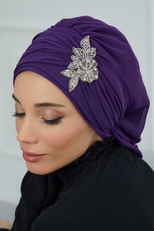 Pileli Taş Çiçek Aksesuarlı Şifon Hazır Türban,HT-105,HT-105 Mor - 4