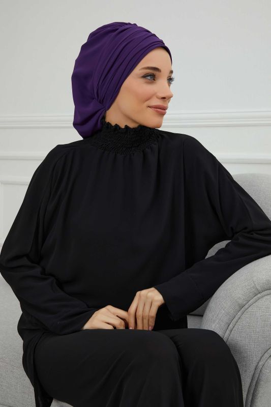 Pileli Taş Çiçek Aksesuarlı Şifon Hazır Türban,HT-105,HT-105 Mor - 5