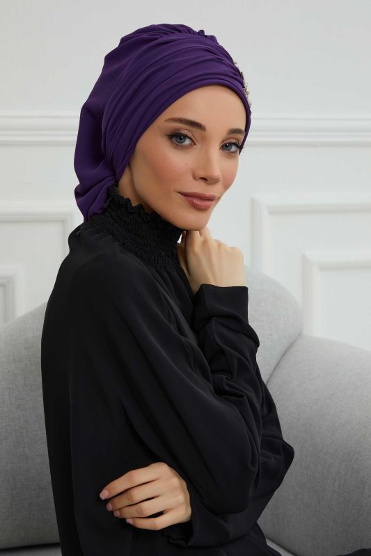 Pileli Taş Çiçek Aksesuarlı Şifon Hazır Türban,HT-105,HT-105 Mor - 6