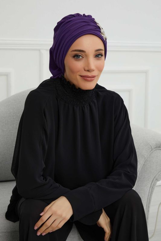 Pileli Taş Çiçek Aksesuarlı Şifon Hazır Türban,HT-105,HT-105 Mor - 7