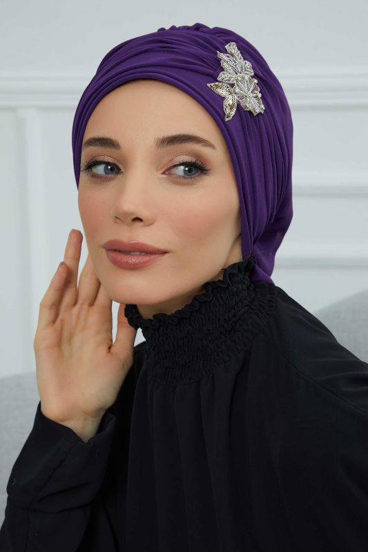 Pileli Taş Çiçek Aksesuarlı Şifon Hazır Türban,HT-105,HT-105 Mor - 8