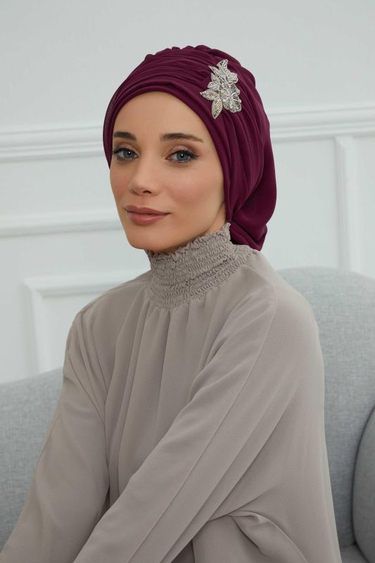 Pileli Taş Çiçek Aksesuarlı Şifon Hazır Türban,HT-105,HT-105 Mürdüm - 1