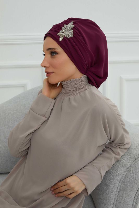 Pileli Taş Çiçek Aksesuarlı Şifon Hazır Türban,HT-105,HT-105 Mürdüm - 2