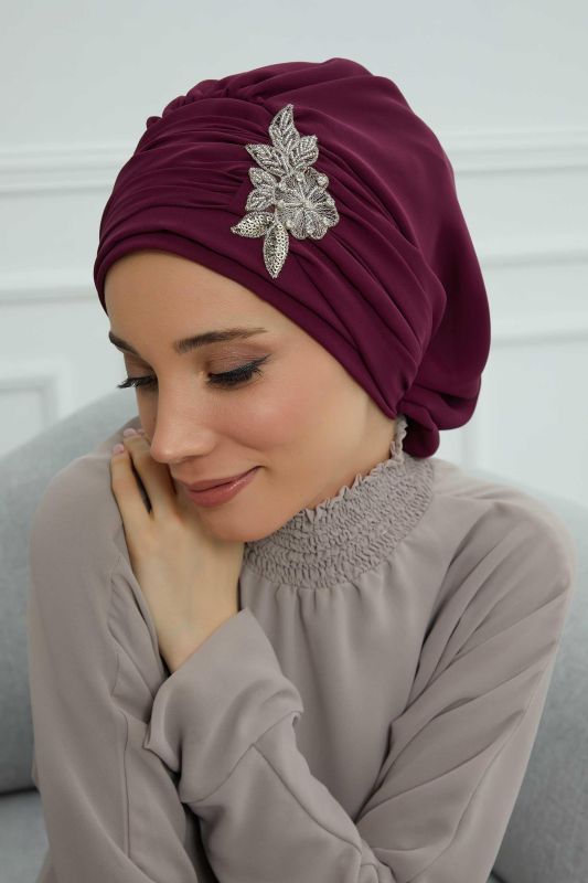 Pileli Taş Çiçek Aksesuarlı Şifon Hazır Türban,HT-105,HT-105 Mürdüm - 3