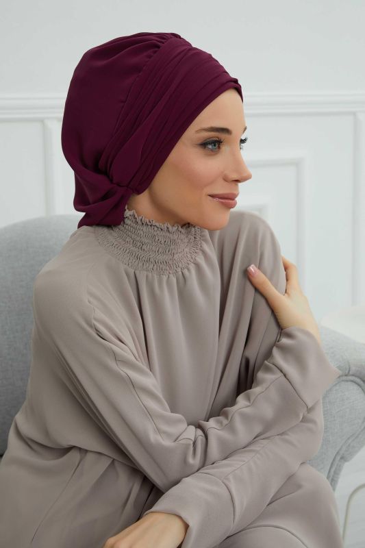 Pileli Taş Çiçek Aksesuarlı Şifon Hazır Türban,HT-105,HT-105 Mürdüm - 4