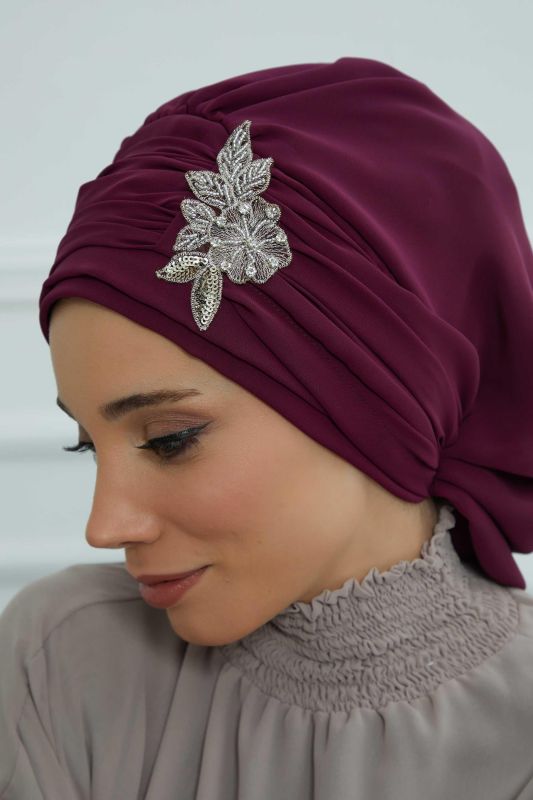 Pileli Taş Çiçek Aksesuarlı Şifon Hazır Türban,HT-105,HT-105 Mürdüm - 5