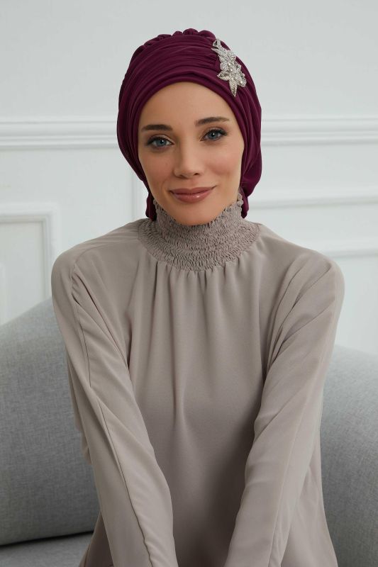 Pileli Taş Çiçek Aksesuarlı Şifon Hazır Türban,HT-105,HT-105 Mürdüm - 6