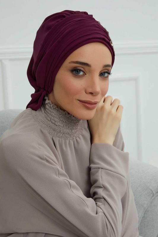 Pileli Taş Çiçek Aksesuarlı Şifon Hazır Türban,HT-105,HT-105 Mürdüm - 7