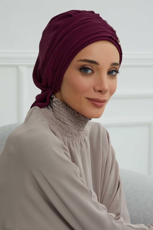 Pileli Taş Çiçek Aksesuarlı Şifon Hazır Türban,HT-105,HT-105 Mürdüm - 8