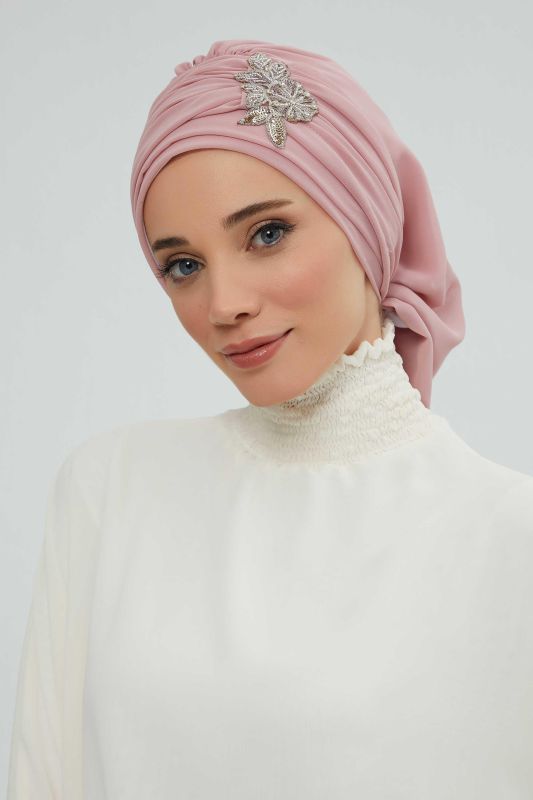 Pileli Taş Çiçek Aksesuarlı Şifon Hazır Türban,HT-105,HT-105 Pudra - 1