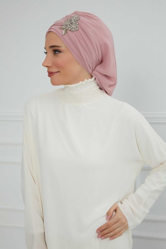 Pileli Taş Çiçek Aksesuarlı Şifon Hazır Türban,HT-105,HT-105 Pudra - 2