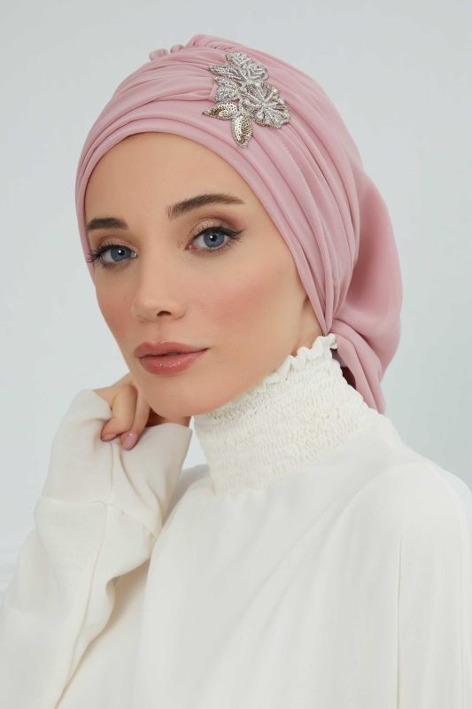 Pileli Taş Çiçek Aksesuarlı Şifon Hazır Türban,HT-105,HT-105 Pudra - 3