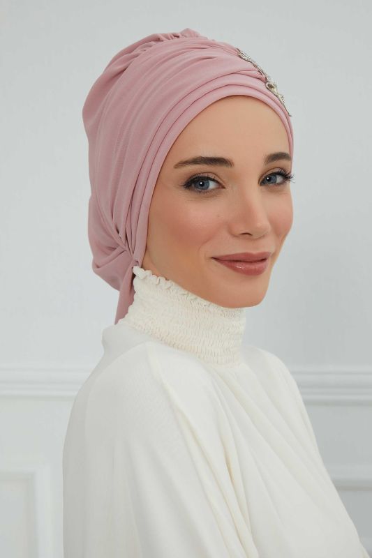 Pileli Taş Çiçek Aksesuarlı Şifon Hazır Türban,HT-105,HT-105 Pudra - 4