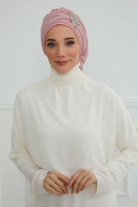 Pileli Taş Çiçek Aksesuarlı Şifon Hazır Türban,HT-105,HT-105 Pudra - 5
