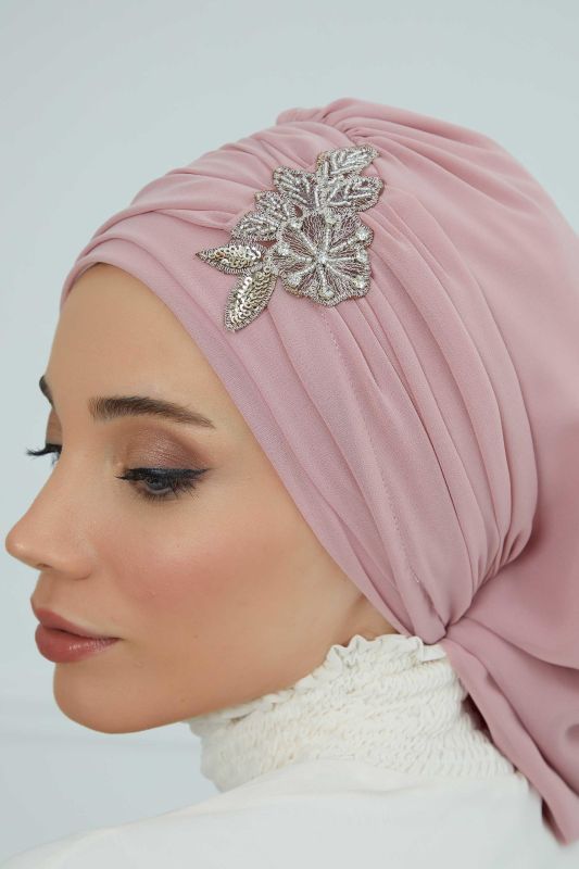 Pileli Taş Çiçek Aksesuarlı Şifon Hazır Türban,HT-105,HT-105 Pudra - 6