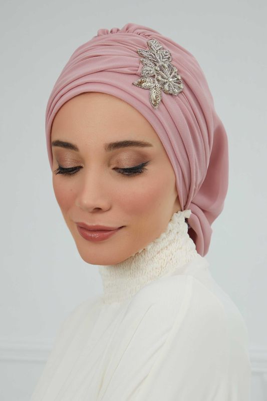 Pileli Taş Çiçek Aksesuarlı Şifon Hazır Türban,HT-105,HT-105 Pudra - 8