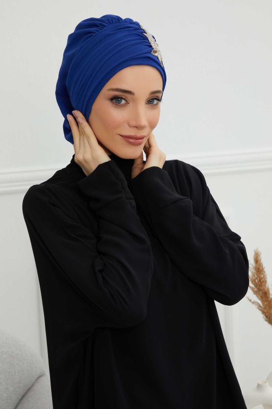 Pileli Taş Çiçek Aksesuarlı Şifon Hazır Türban,HT-105,HT-105 Saks Mavisi - 4