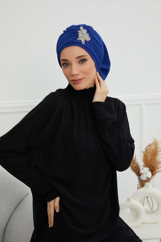 Pileli Taş Çiçek Aksesuarlı Şifon Hazır Türban,HT-105,HT-105 Saks Mavisi - 5