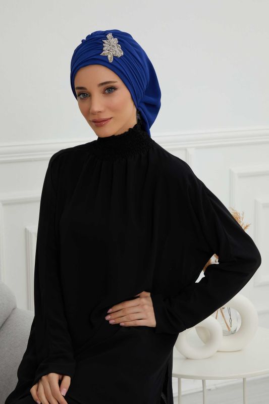 Pileli Taş Çiçek Aksesuarlı Şifon Hazır Türban,HT-105,HT-105 Saks Mavisi - 8