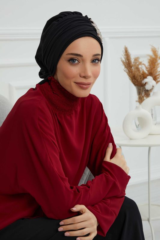 Pileli Taş Çiçek Aksesuarlı Şifon Hazır Türban,HT-105,HT-105 Siyah - 2