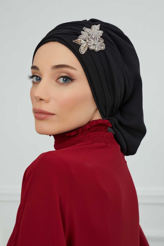 Pileli Taş Çiçek Aksesuarlı Şifon Hazır Türban,HT-105,HT-105 Siyah - 3