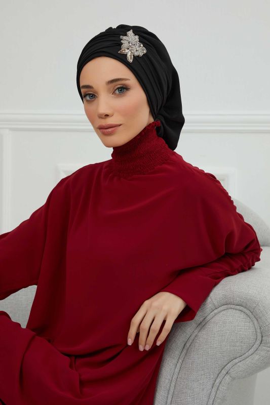 Pileli Taş Çiçek Aksesuarlı Şifon Hazır Türban,HT-105,HT-105 Siyah - 5