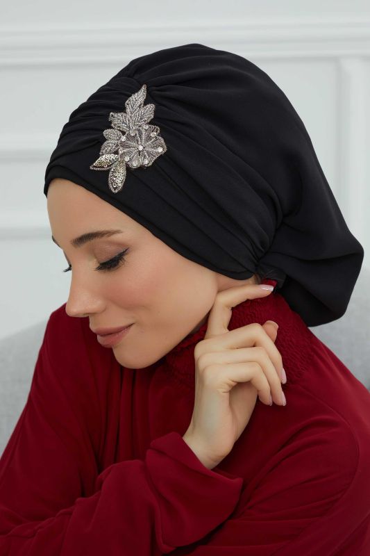 Pileli Taş Çiçek Aksesuarlı Şifon Hazır Türban,HT-105,HT-105 Siyah - 6