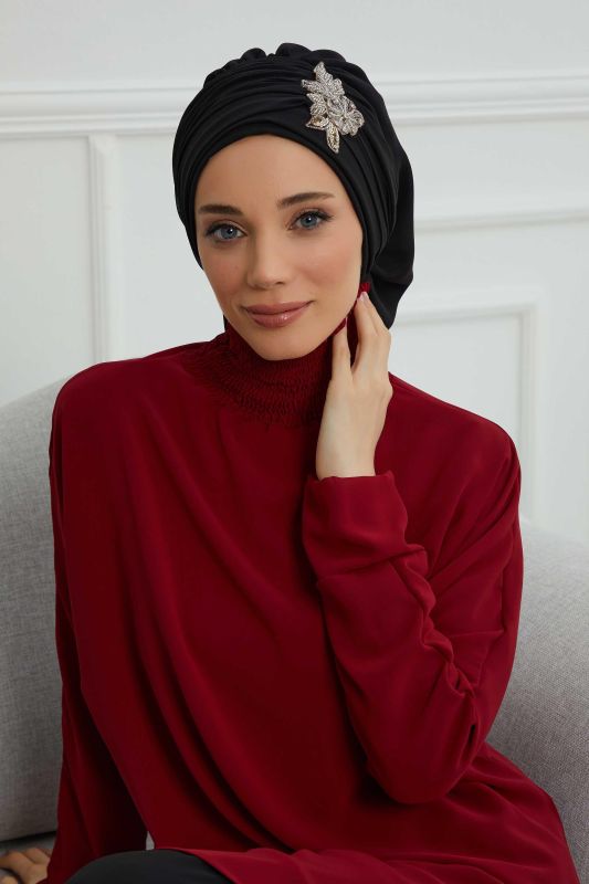 Pileli Taş Çiçek Aksesuarlı Şifon Hazır Türban,HT-105,HT-105 Siyah - 7