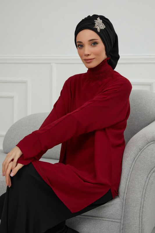 Pileli Taş Çiçek Aksesuarlı Şifon Hazır Türban,HT-105,HT-105 Siyah - 8