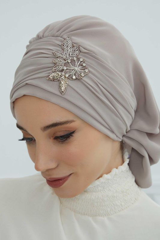 Pileli Taş Çiçek Aksesuarlı Şifon Hazır Türban,HT-105,HT-105 Vizon - 3