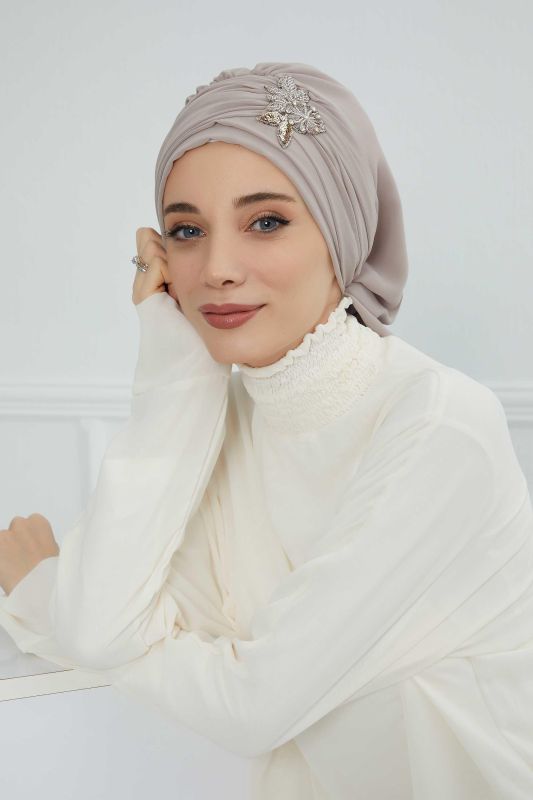 Pileli Taş Çiçek Aksesuarlı Şifon Hazır Türban,HT-105,HT-105 Vizon - 6