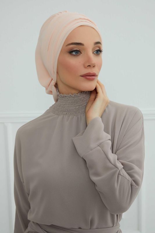 Pileli Tasarım Şifon Hazır Türban,HT-107,HT-107 Bej - 3
