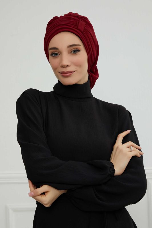 Pileli Tasarım Şifon Hazır Türban,HT-107,HT-107 Bordo - 1
