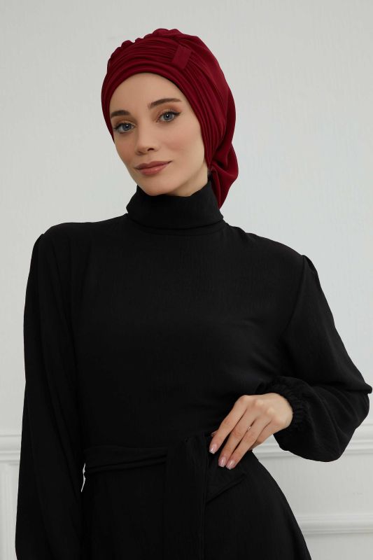 Pileli Tasarım Şifon Hazır Türban,HT-107,HT-107 Bordo - 2