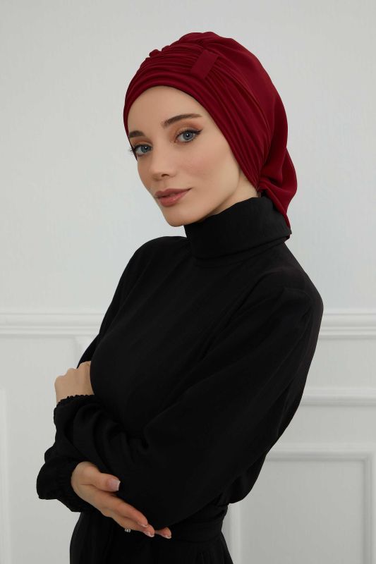 Pileli Tasarım Şifon Hazır Türban,HT-107,HT-107 Bordo - 3