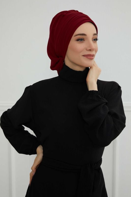 Pileli Tasarım Şifon Hazır Türban,HT-107,HT-107 Bordo - 5